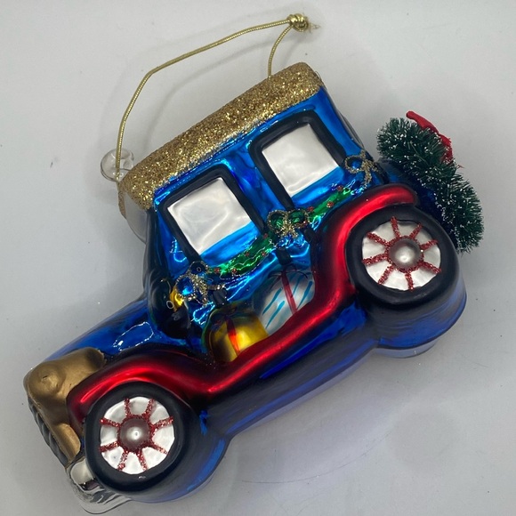 painted glass antique blue automobile decorated for the holidays ornament - Picture 1 of 7